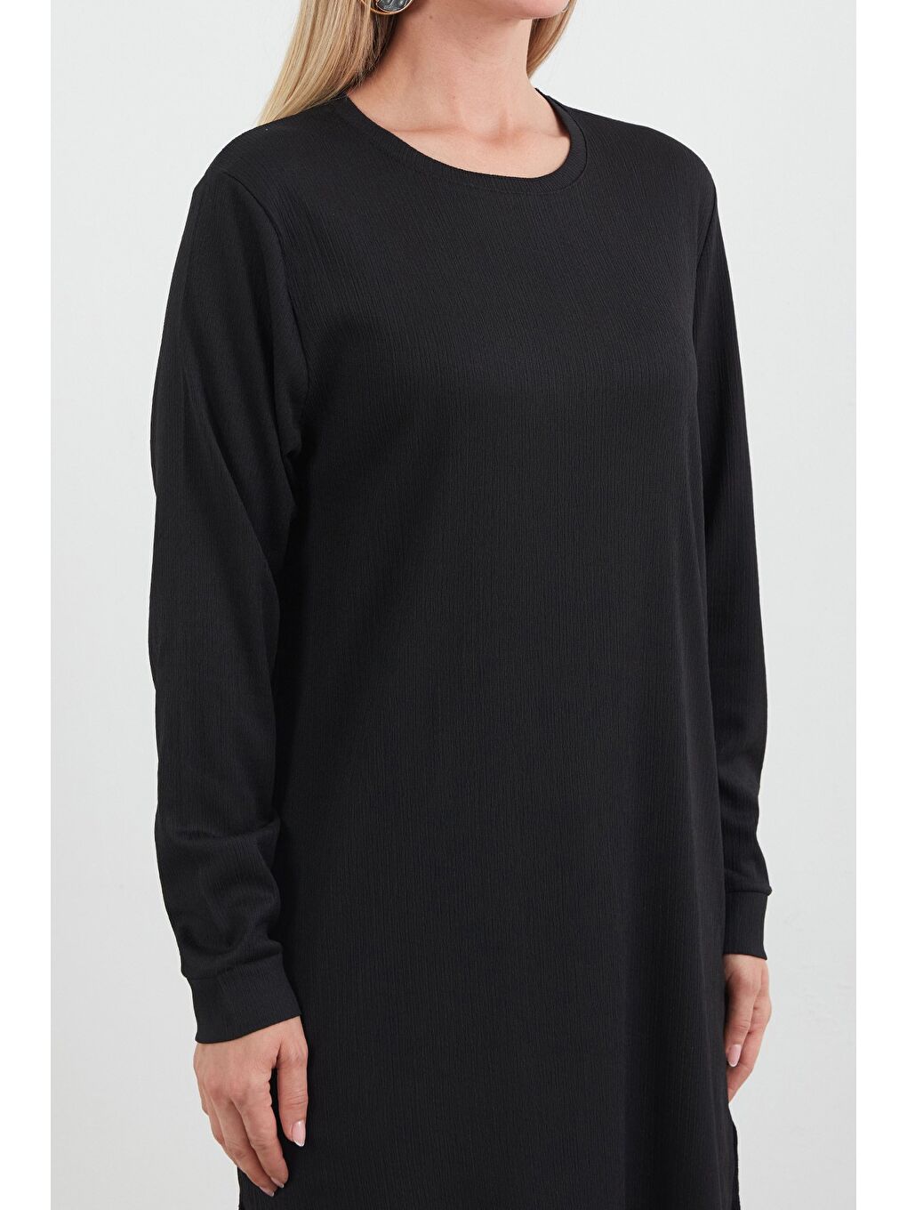 Siyah Fullamodest Basic Yanları Yırtmaçlı Tunik-4