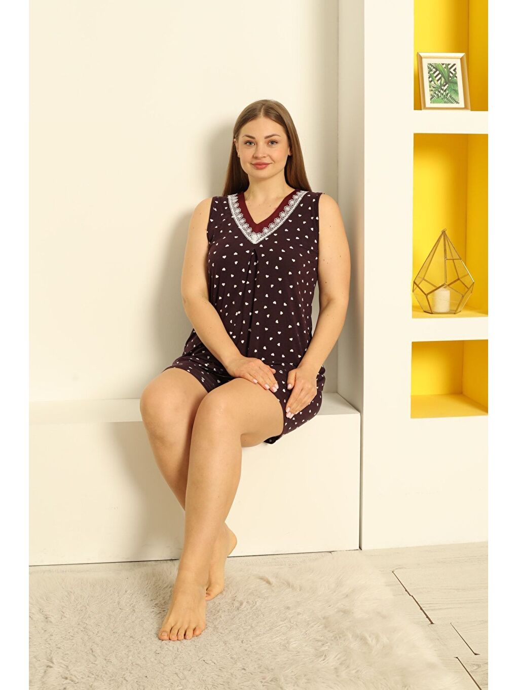 Mor Kadın Desenli Desenli Satenli Kısa Kollu Elastanlı Viskon Alt Üst Şortlu Takım-4