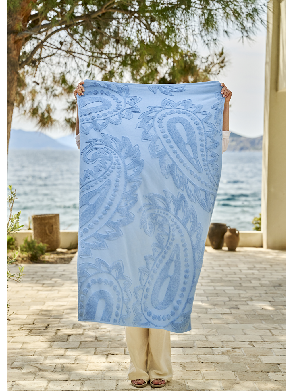 %100 Pamuk Paisley Jakarlı Plaj Havlusu Mavi (90x160 cm)-1