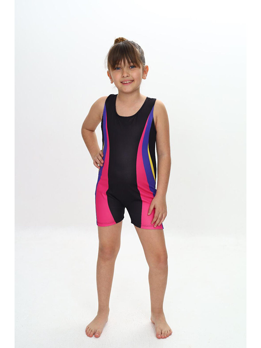 Siyah Kız Çocuk Yüzücü Şortlu Tek Parça Tulum Mayo Takımı 5-16 Yaş 12231