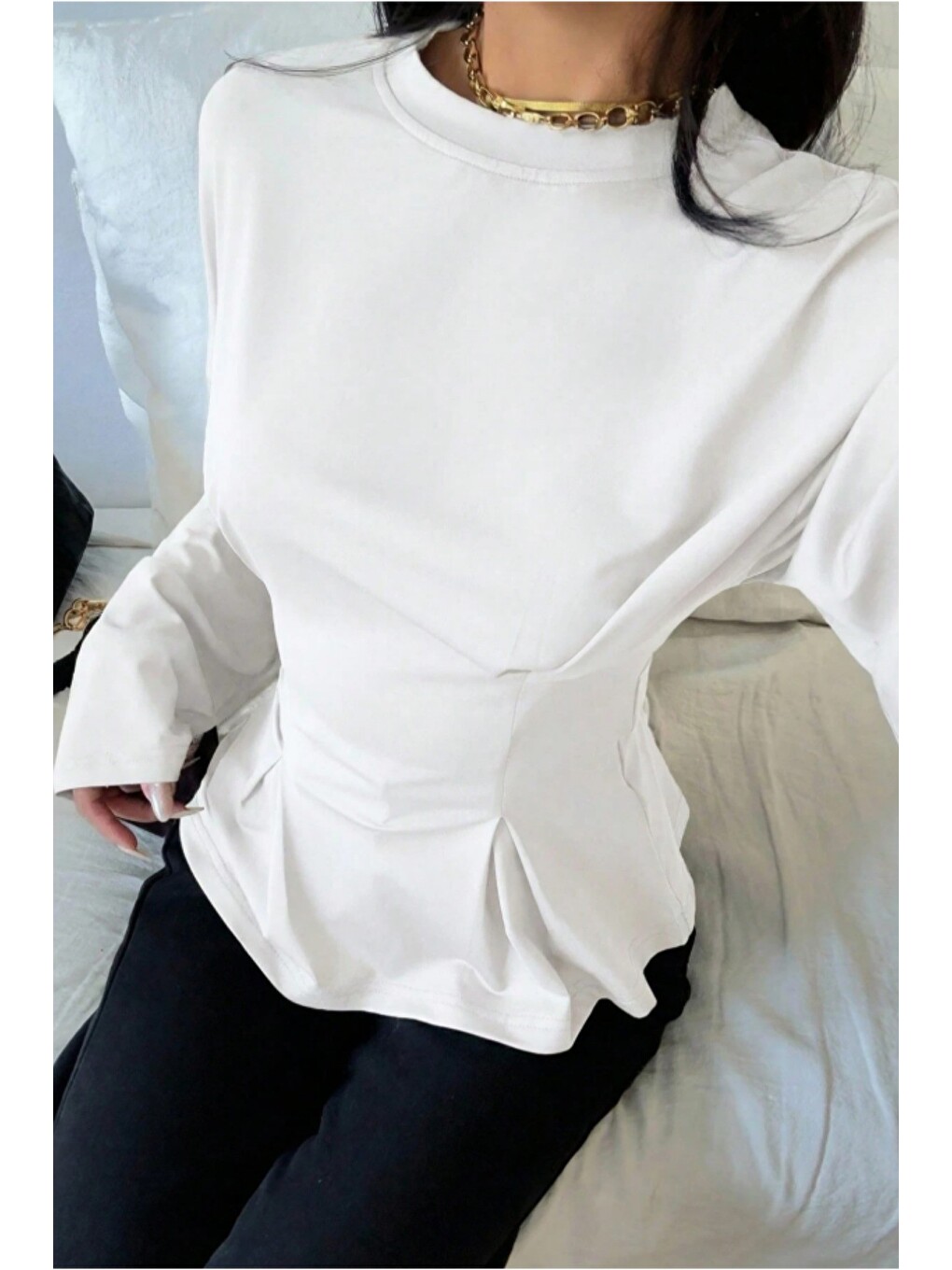 Beyaz Kadın Pilet Bel Oturtmalı Peplum Detaylı Uzun Kollu Bluz-1