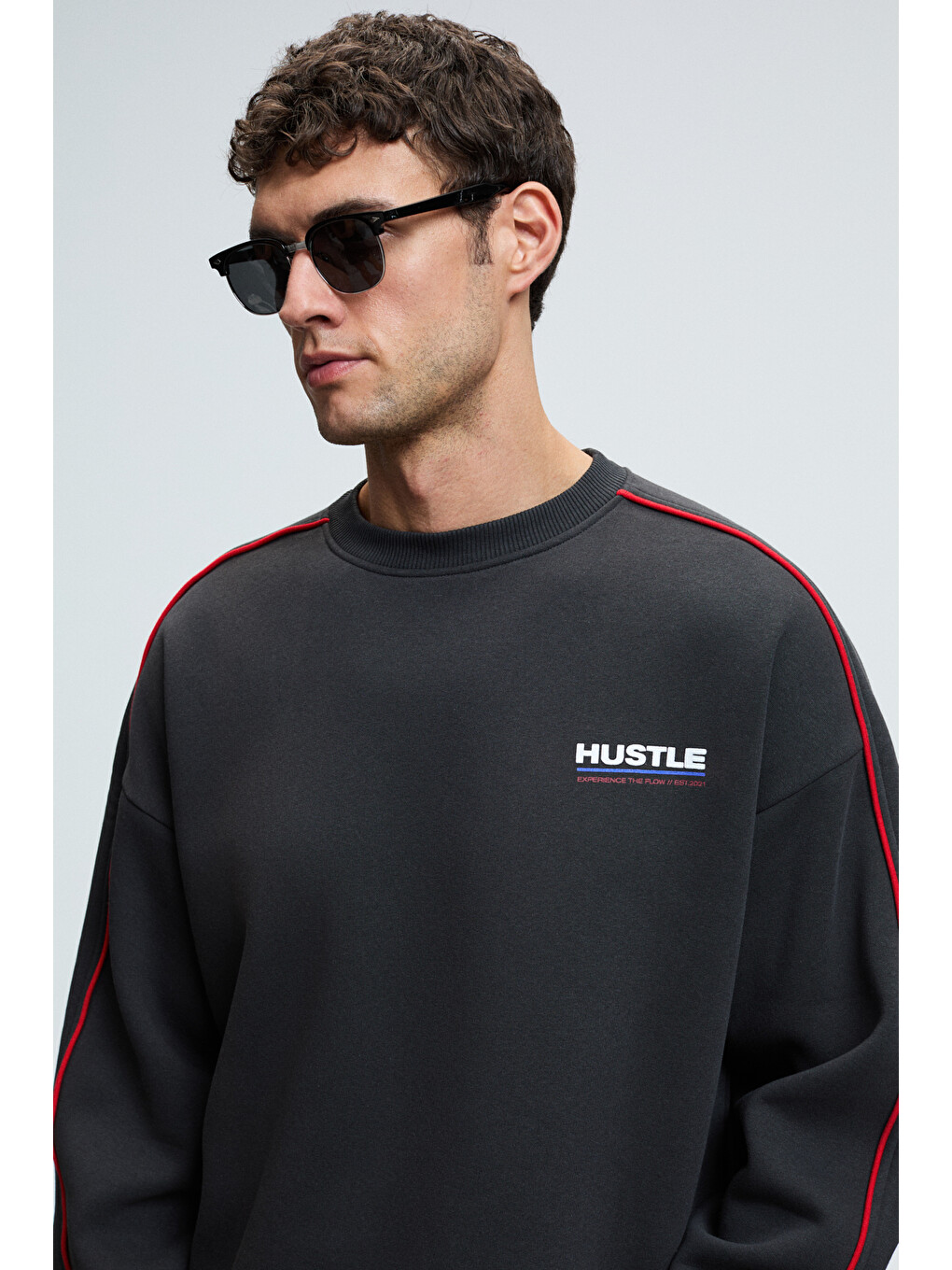 Leıf Erkek Kolları Biyeli Önü Baskılı Yuvarlak Yaka Oversize Antrasit Sweatshirt-5