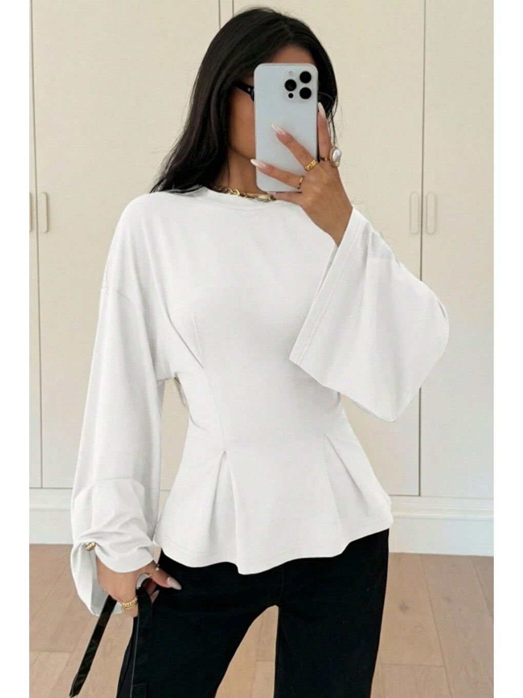 Beyaz Kadın Pilet Bel Oturtmalı Peplum Detaylı Uzun Kollu Bluz-2
