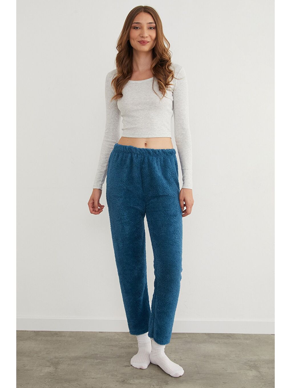 Petrol Beli Lastikli Pelüş Pijama Altı-3