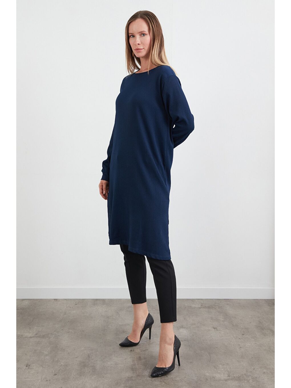 Lacivert Fullamodest Basic Yanları Yırtmaçlı Tunik-1