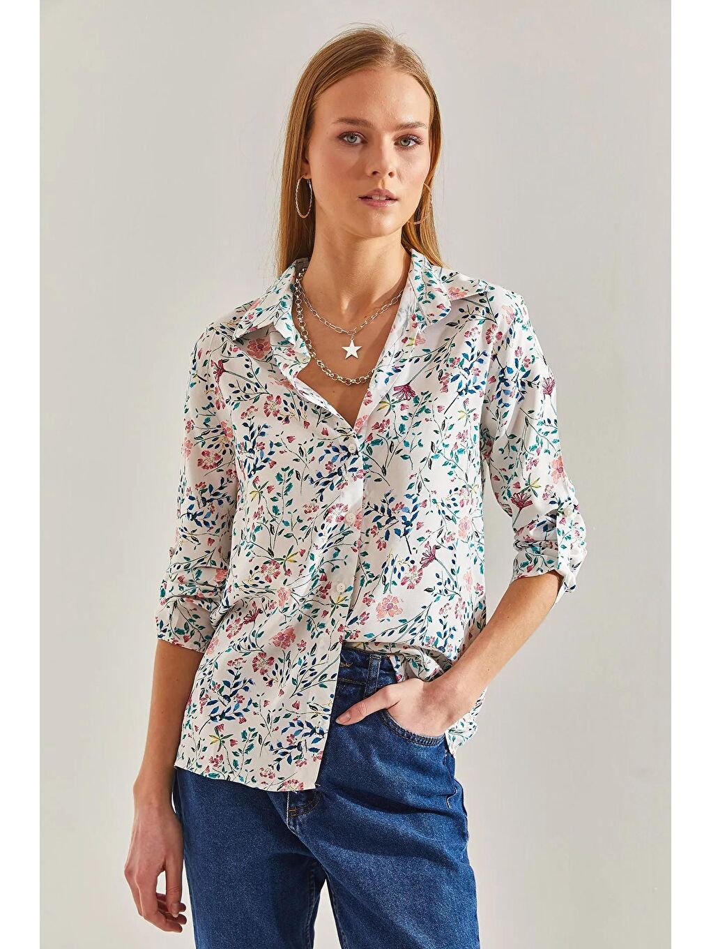 Pembe Kadın Kol Katlamalı Çiçek Desenli Gömlek 60101028-1