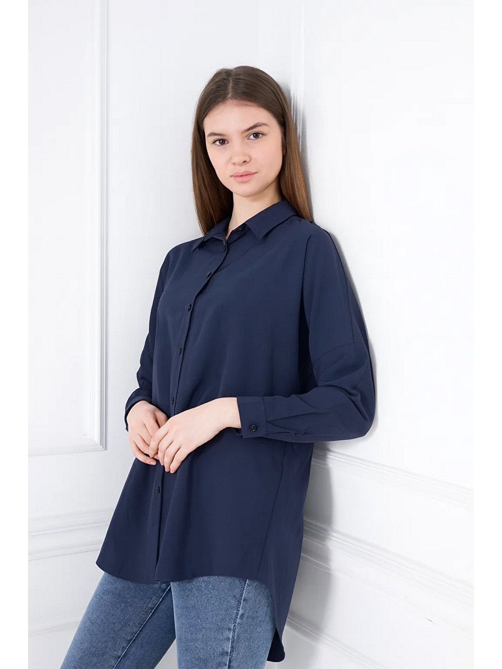 Lacivert Kadın Oversize Uzun Basic Gömlek-4