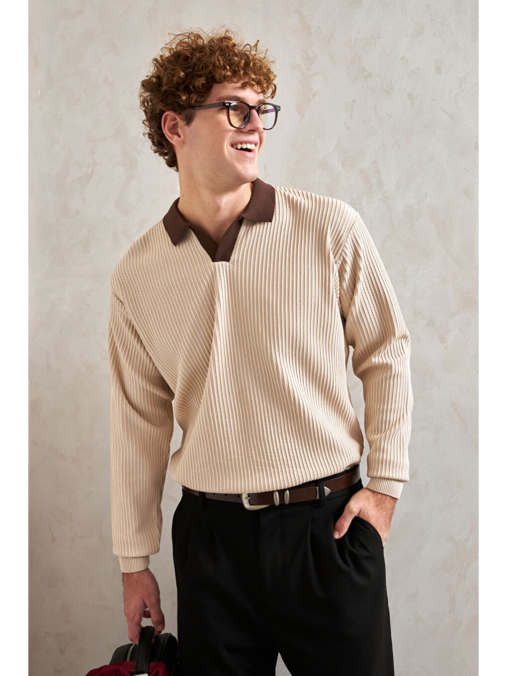 Ekru Erkek Polo Yaka Nopeli Oversize Triko Kazak