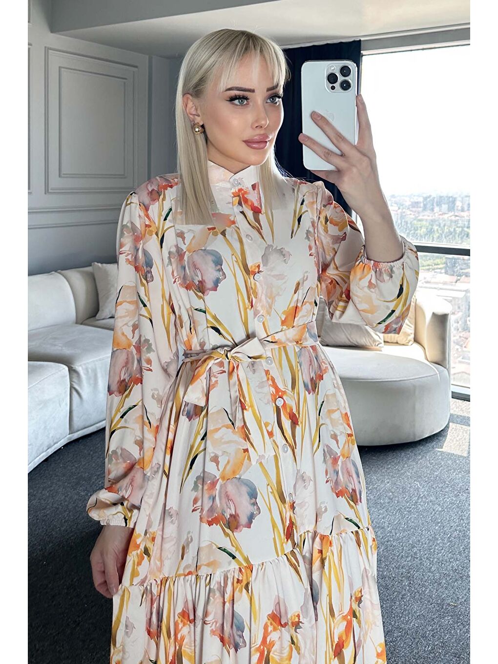 Kadın Desenli Uzun Tesettür Elbise 2586 - Sarı-1