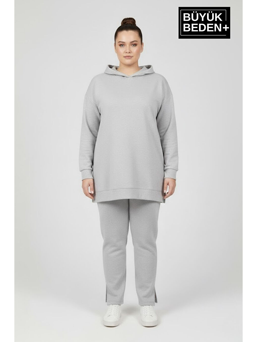 Gri Büyük Beden Kapüşonlu Tunik Sweatshırt SPR26BTK991