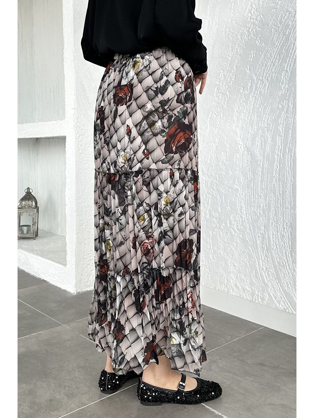 Bej Bel Lastikli Desenli Şifon Tesettür Etek-5