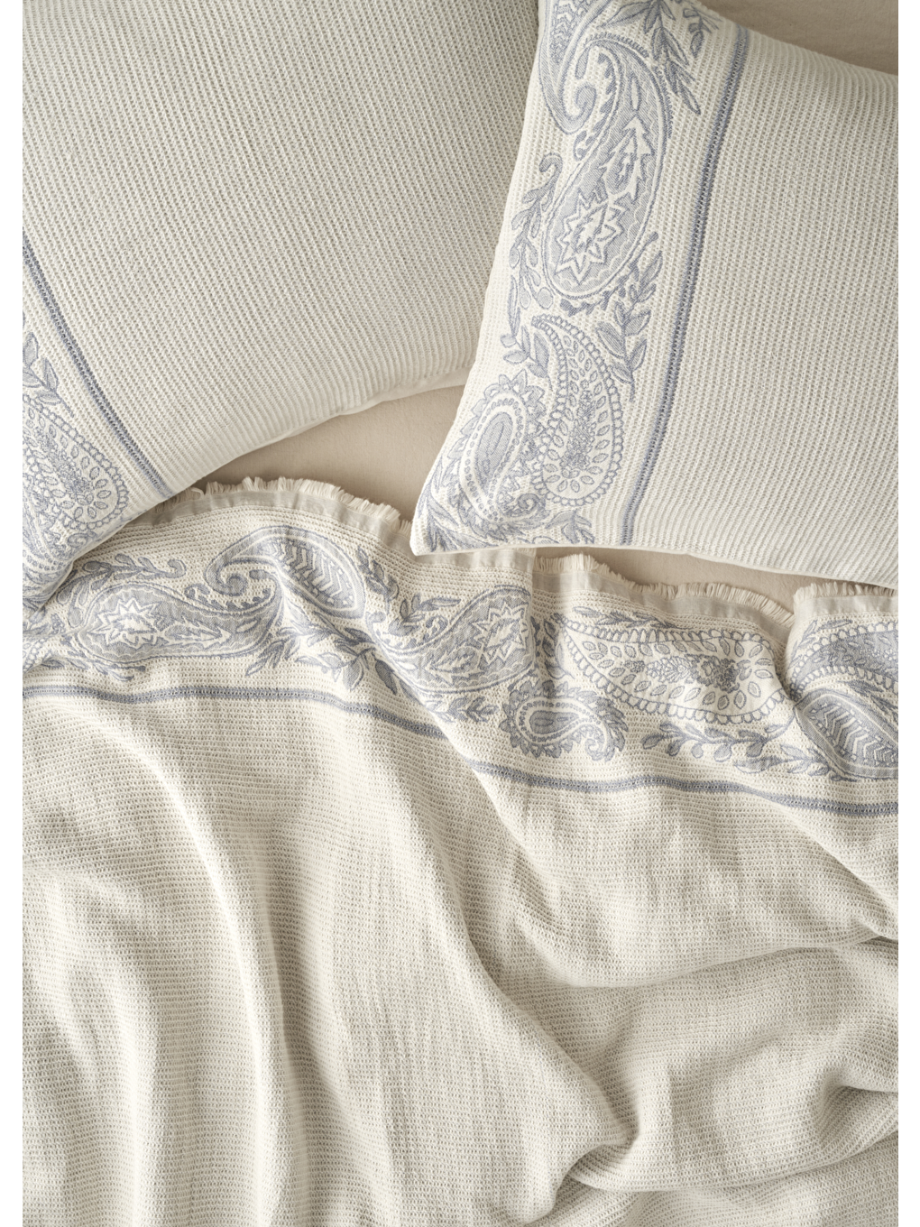 %100 Pamuk Paisley Jakarlı Çift Kişilik Yatak Örtüsü Seti Mavi (240x260 cm)-1