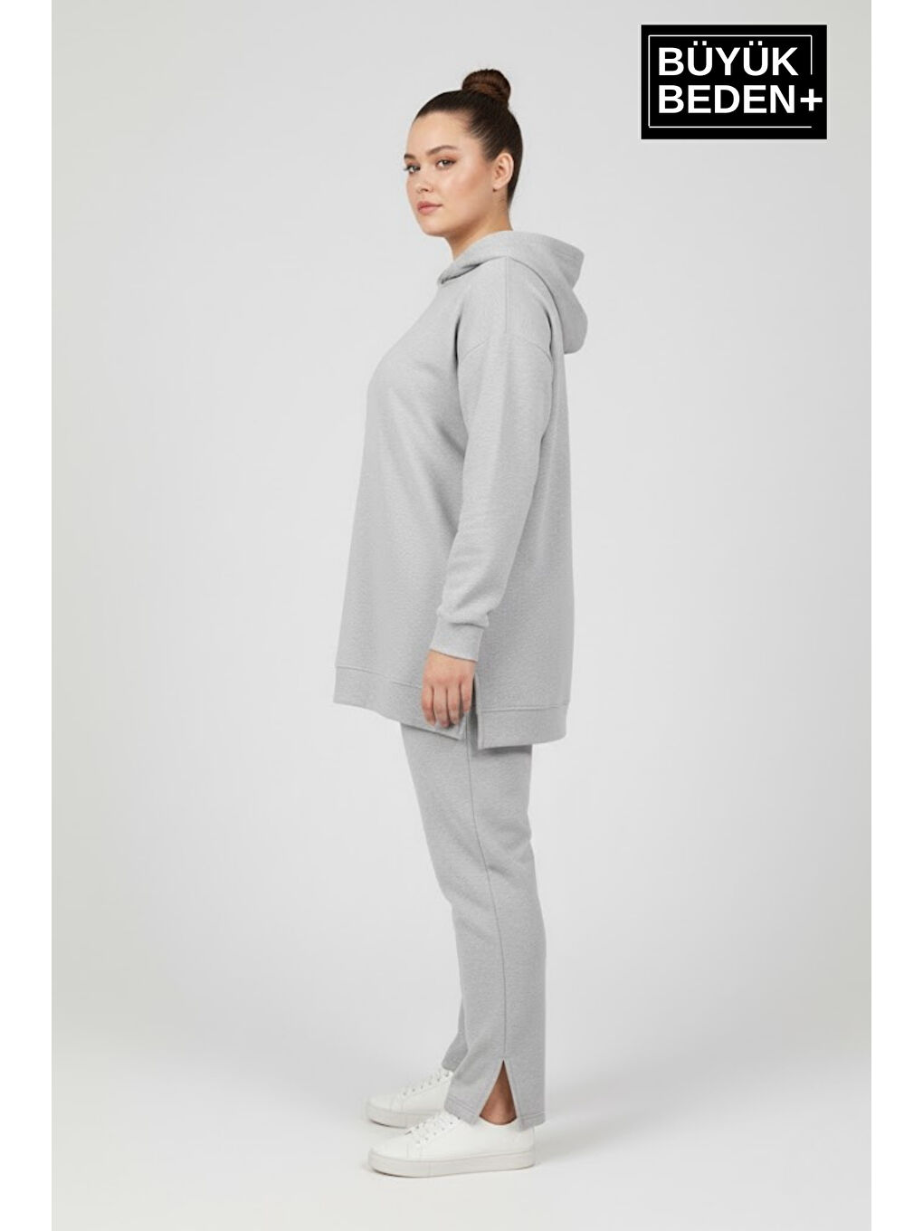 Gri Büyük Beden Kapüşonlu Tunik Sweatshırt SPR26BTK991-1