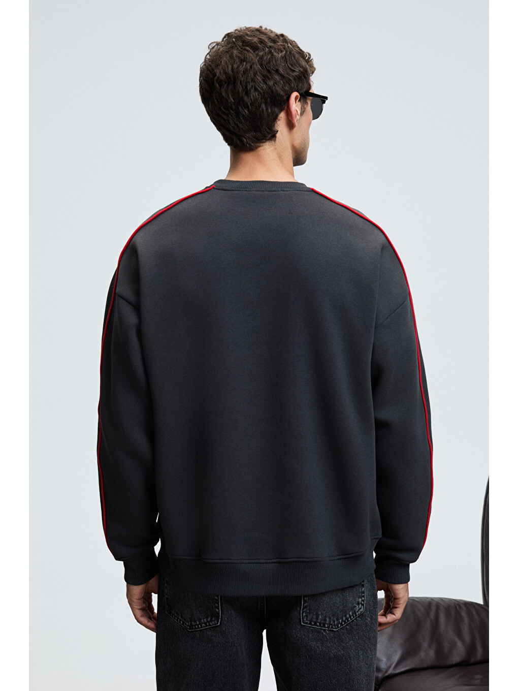 Leıf Erkek Kolları Biyeli Önü Baskılı Yuvarlak Yaka Oversize Antrasit Sweatshirt-6