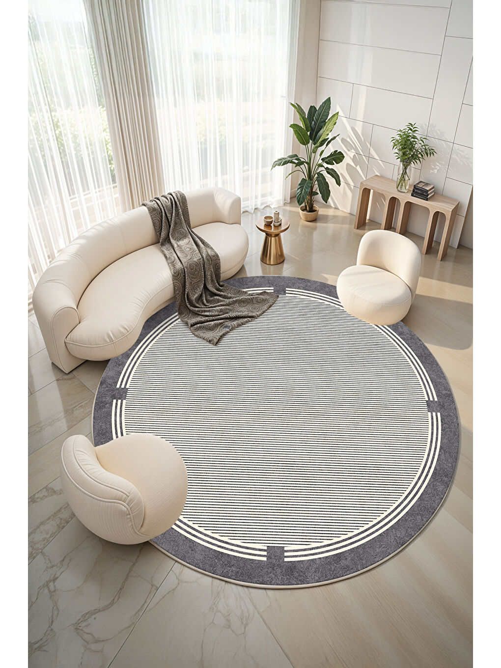 Antrasit Dekoratif Salon Halısı, Makinada Yıkanabilir, Kaymaz Taban, İnce & Modern Tasarım-4