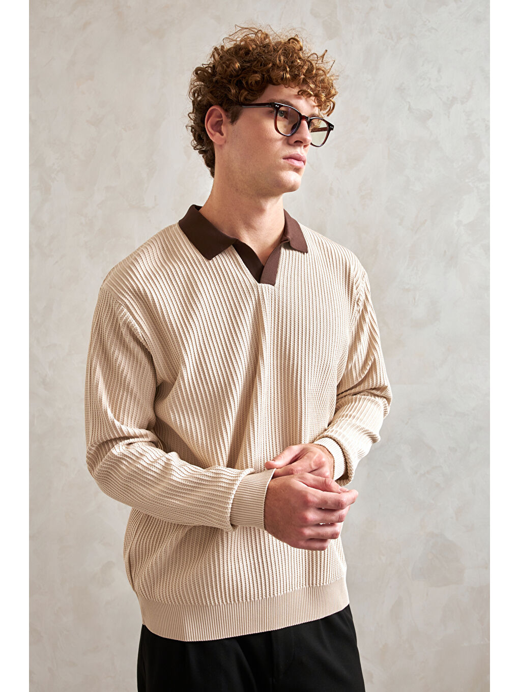 Ekru Erkek Polo Yaka Nopeli Oversize Triko Kazak-1