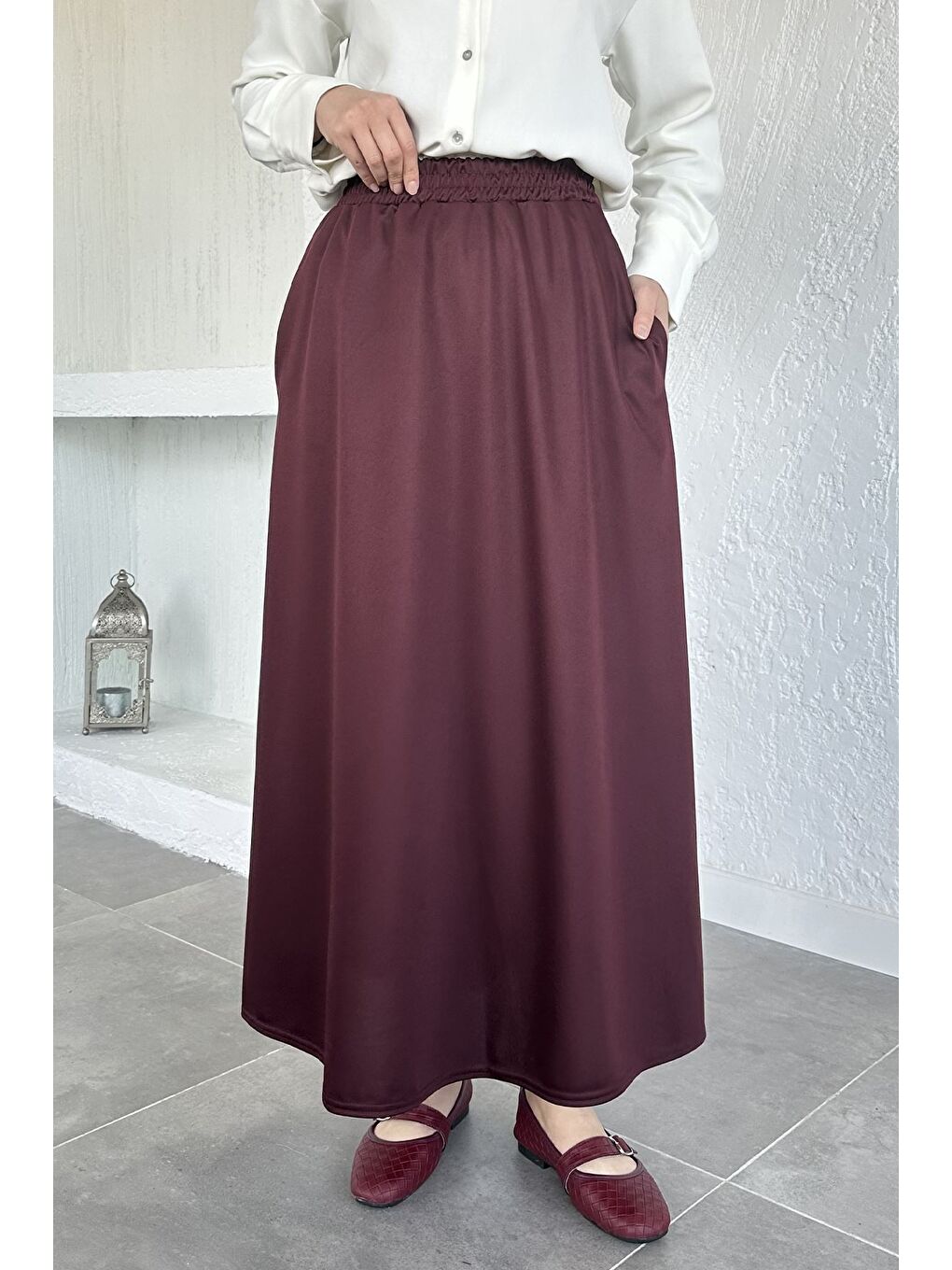 Bordo Kadın Bel Lastikli Tesettür Etek-2