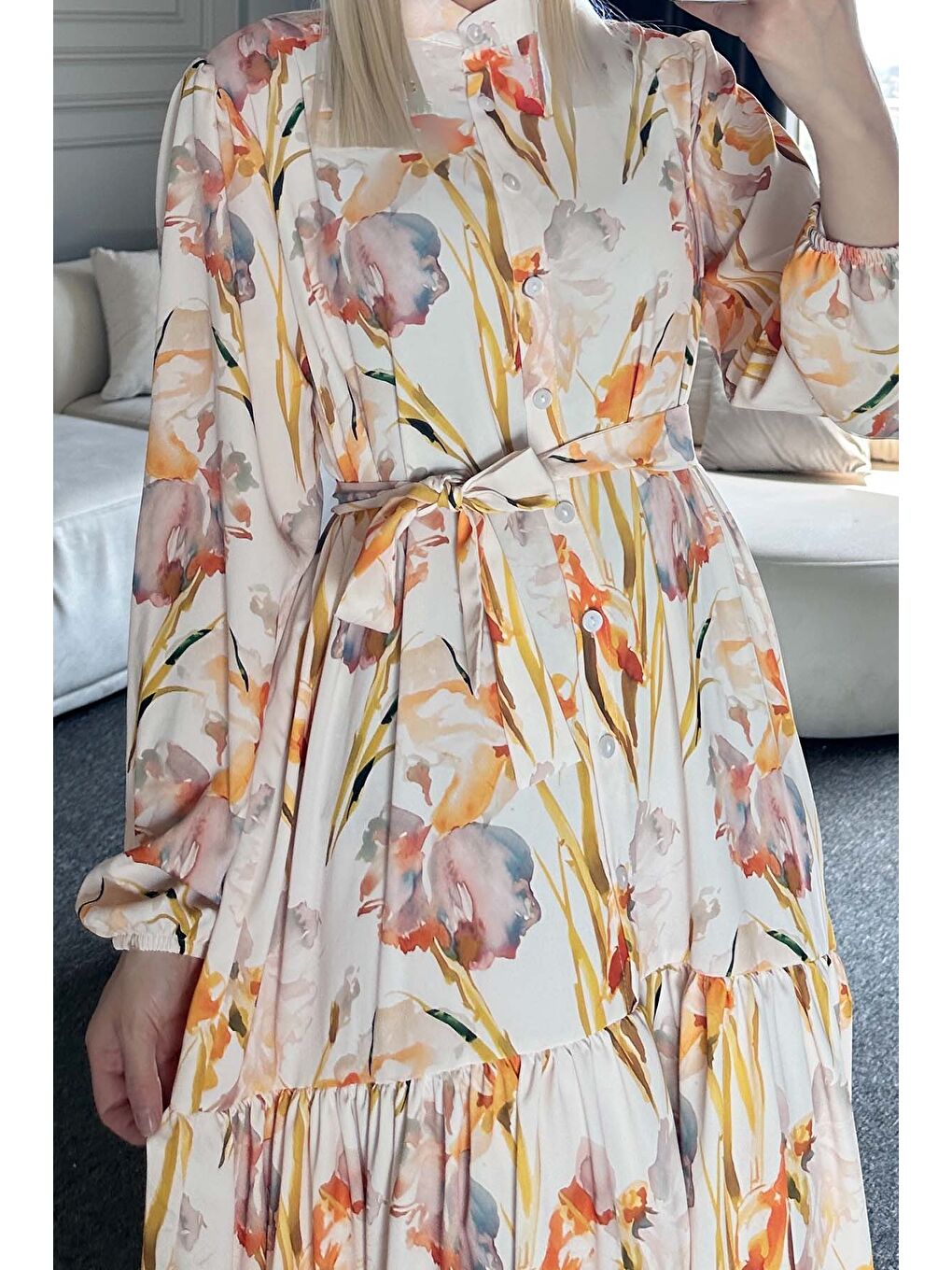 Kadın Desenli Uzun Tesettür Elbise 2586 - Sarı-2