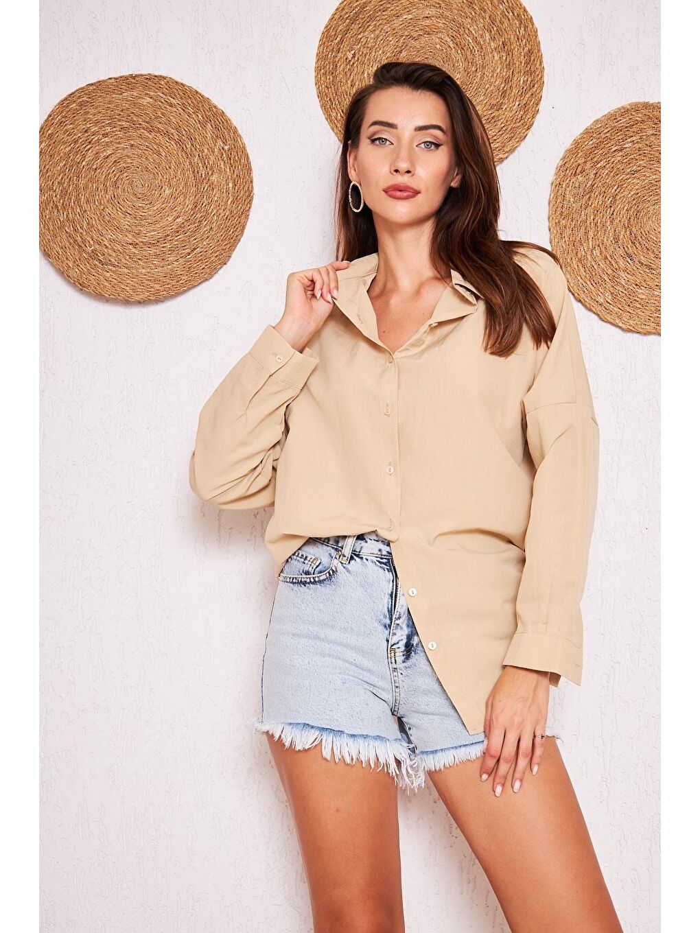 Ekru Kadın Oversize Uzun Basic Krem Gömlek-1