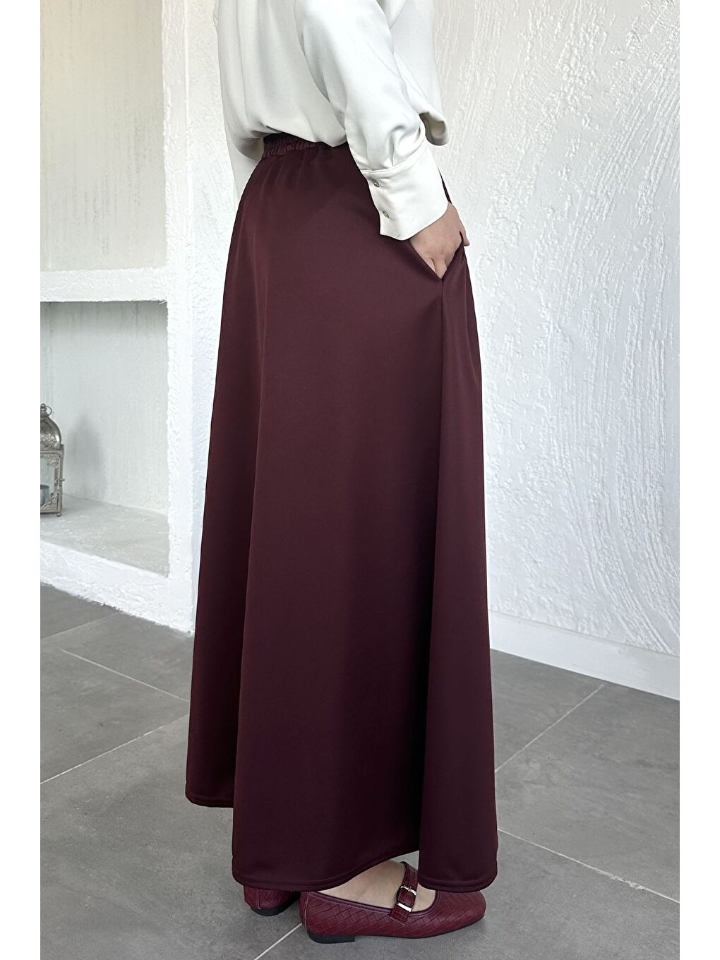 Bordo Kadın Bel Lastikli Tesettür Etek-4