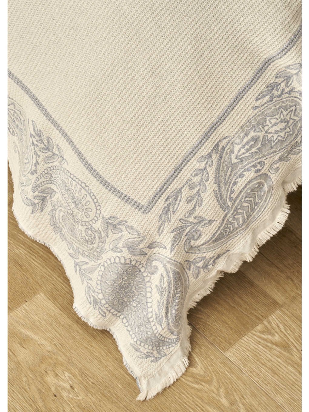 %100 Pamuk Paisley Jakarlı Çift Kişilik Yatak Örtüsü Seti Mavi (240x260 cm)-3