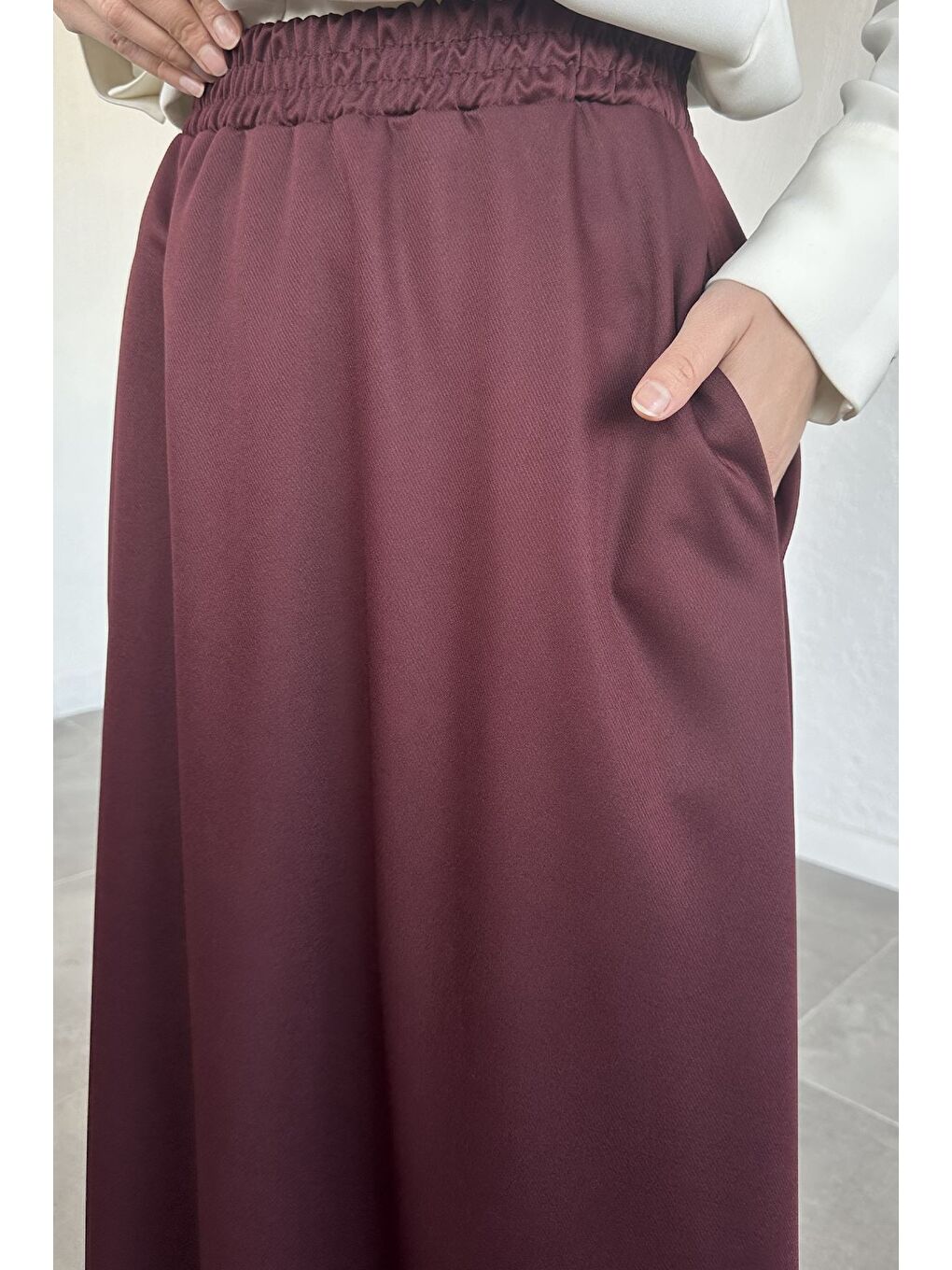 Bordo Kadın Bel Lastikli Tesettür Etek-7