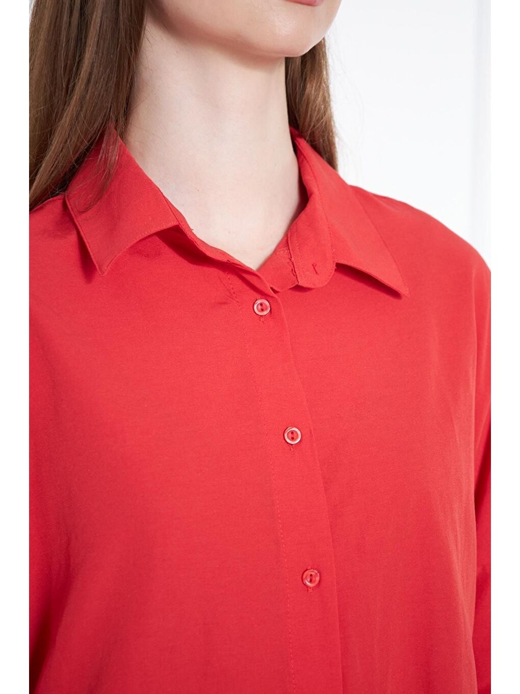 Kadın Oversize Uzun Basic Kırmızı Gömlek-1
