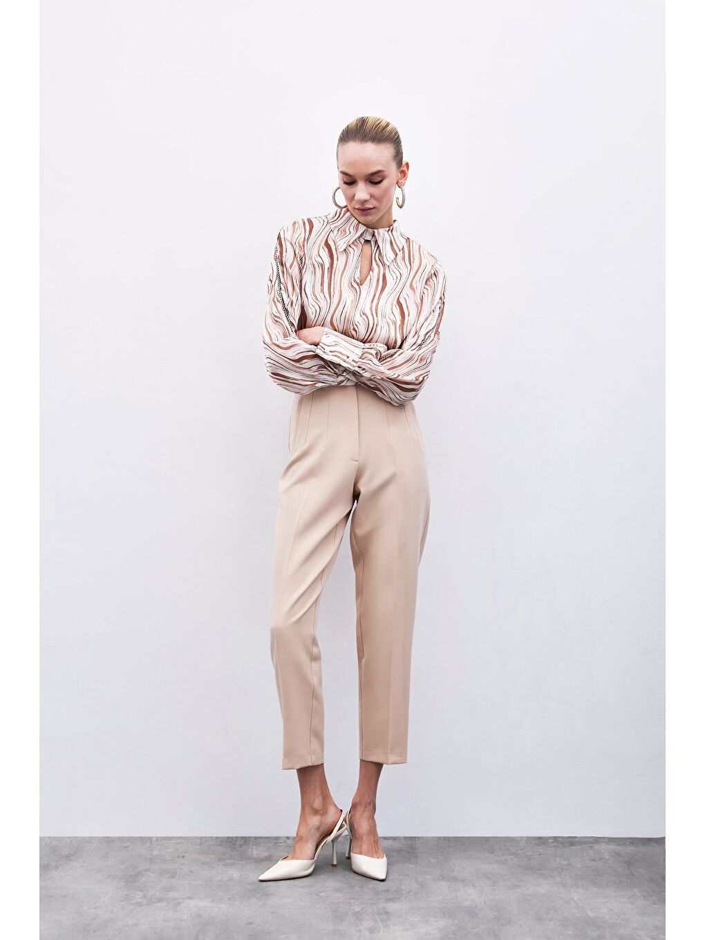 Yüksek Bel Pensli Pantolon - Bej