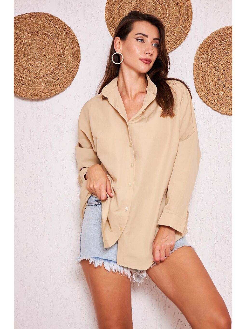 Ekru Kadın Oversize Uzun Basic Krem Gömlek-2