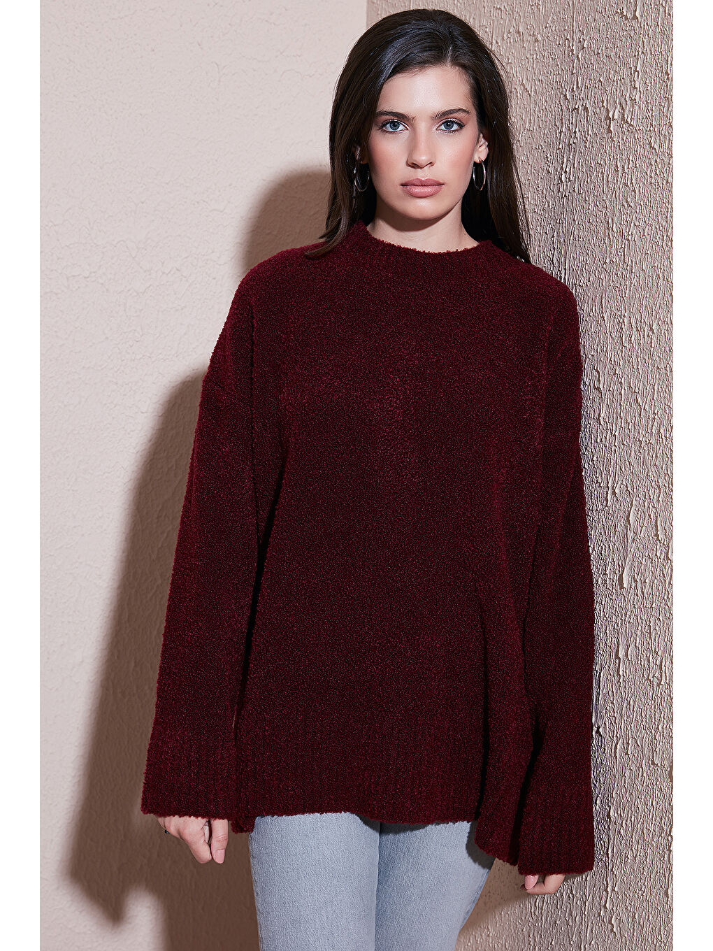 Bordo Regular Fit Dik Yaka Yumuşak Dokulu Triko Kazak 4616222-2