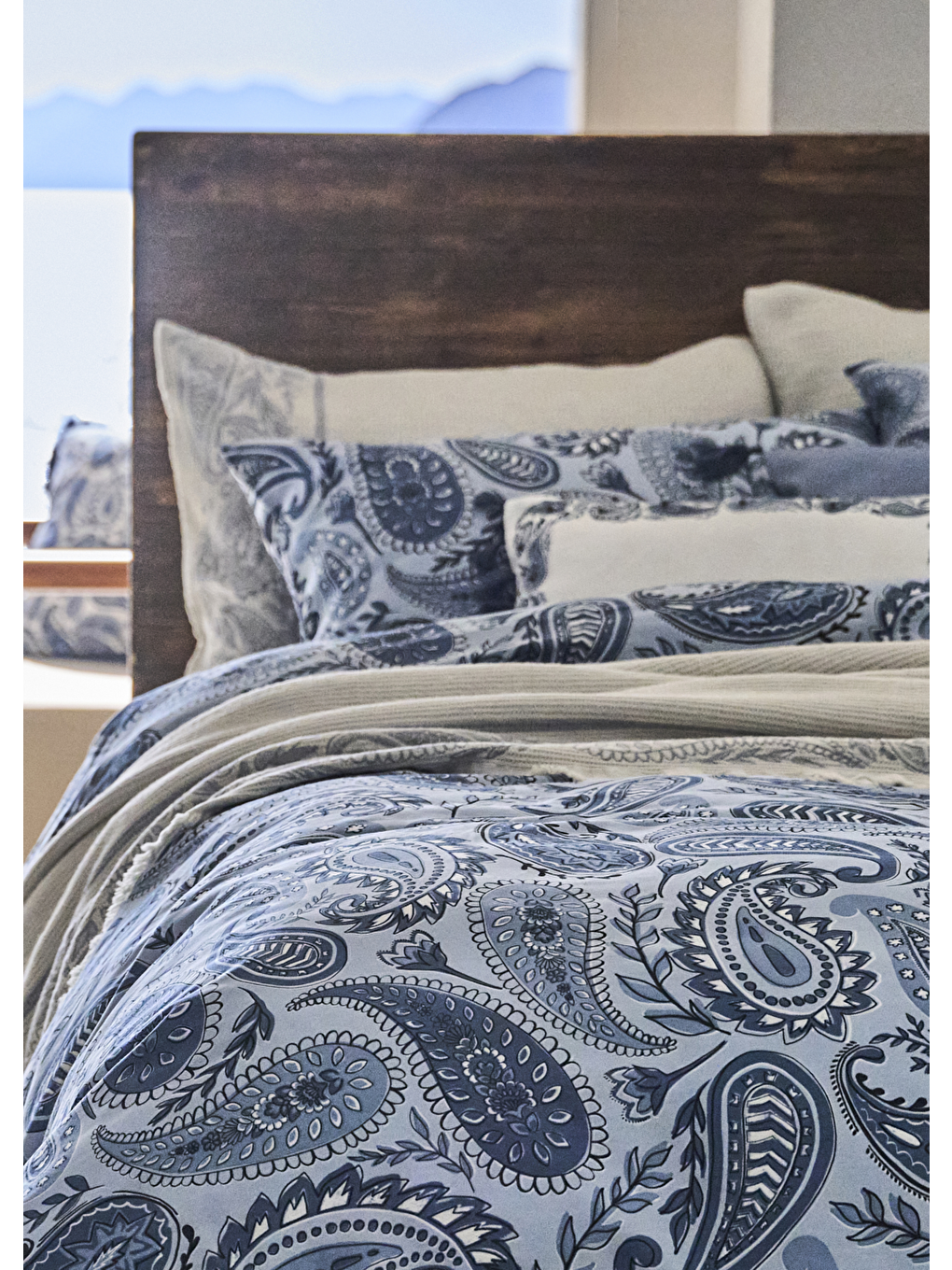 %100 Pamuk Saten Paisley Çift Kişilik Nevresim Takımı Mavi (200x220 cm)-1