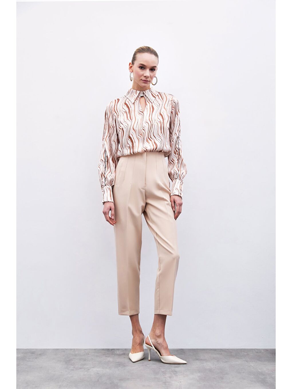 Yüksek Bel Pensli Pantolon - Bej-1