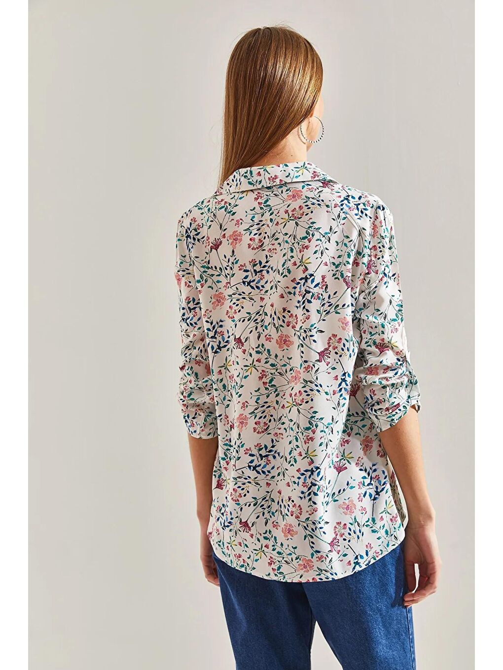 Pembe Kadın Kol Katlamalı Çiçek Desenli Gömlek 60101028-4