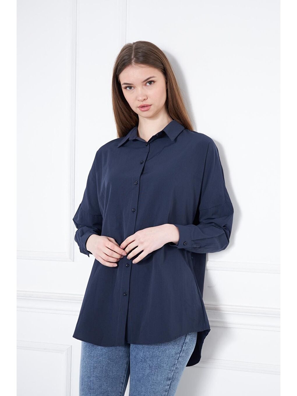 Lacivert Kadın Oversize Uzun Basic Gömlek-5
