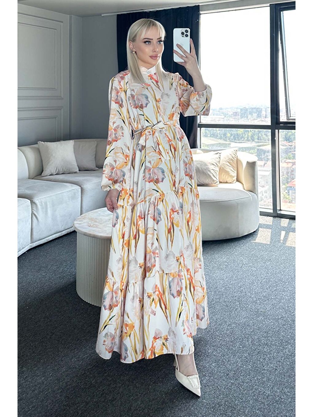 Kadın Desenli Uzun Tesettür Elbise 2586 - Sarı-4