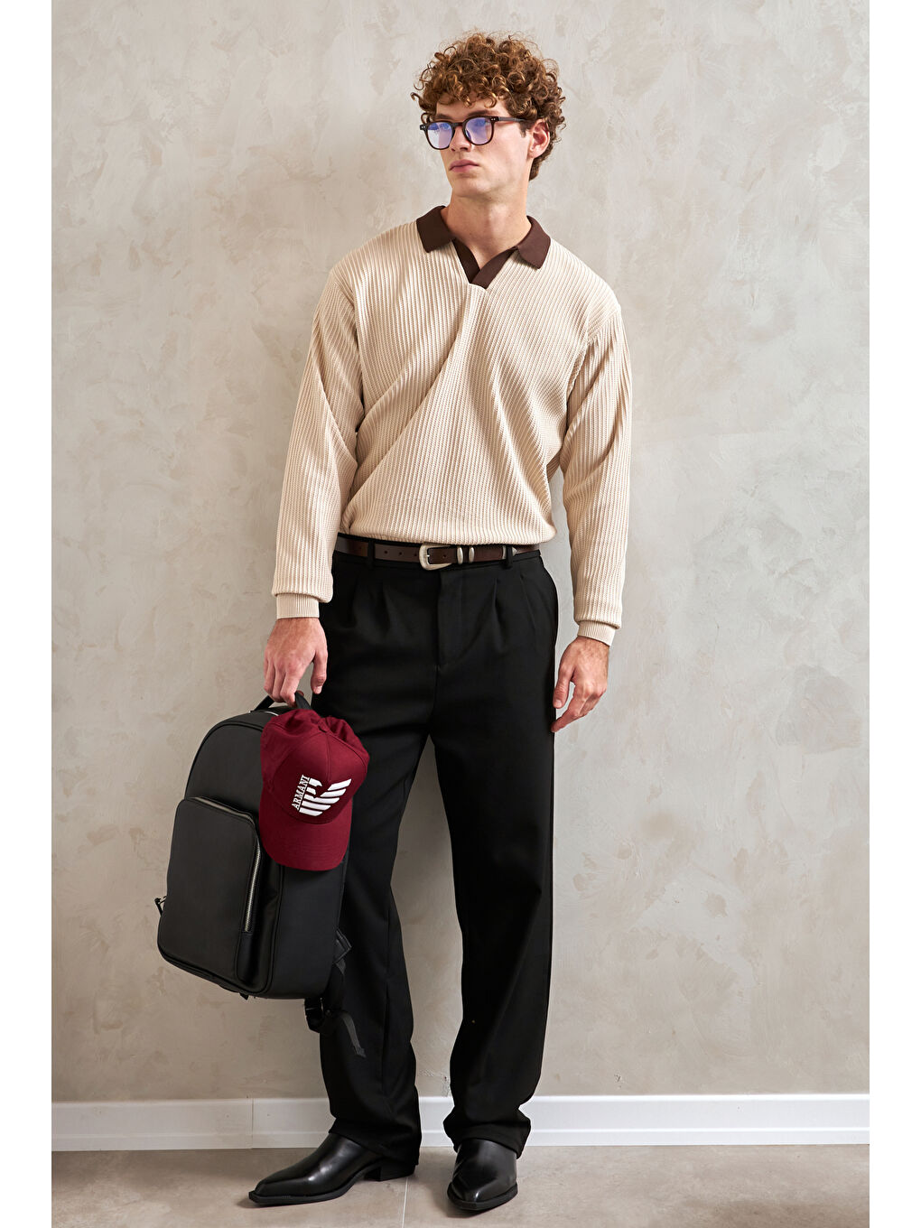 Ekru Erkek Polo Yaka Nopeli Oversize Triko Kazak-3