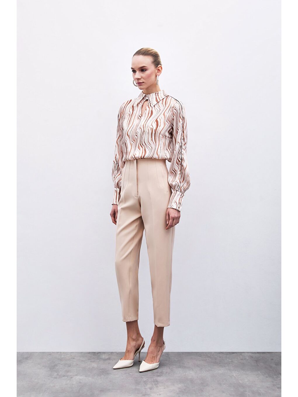 Yüksek Bel Pensli Pantolon - Bej-2