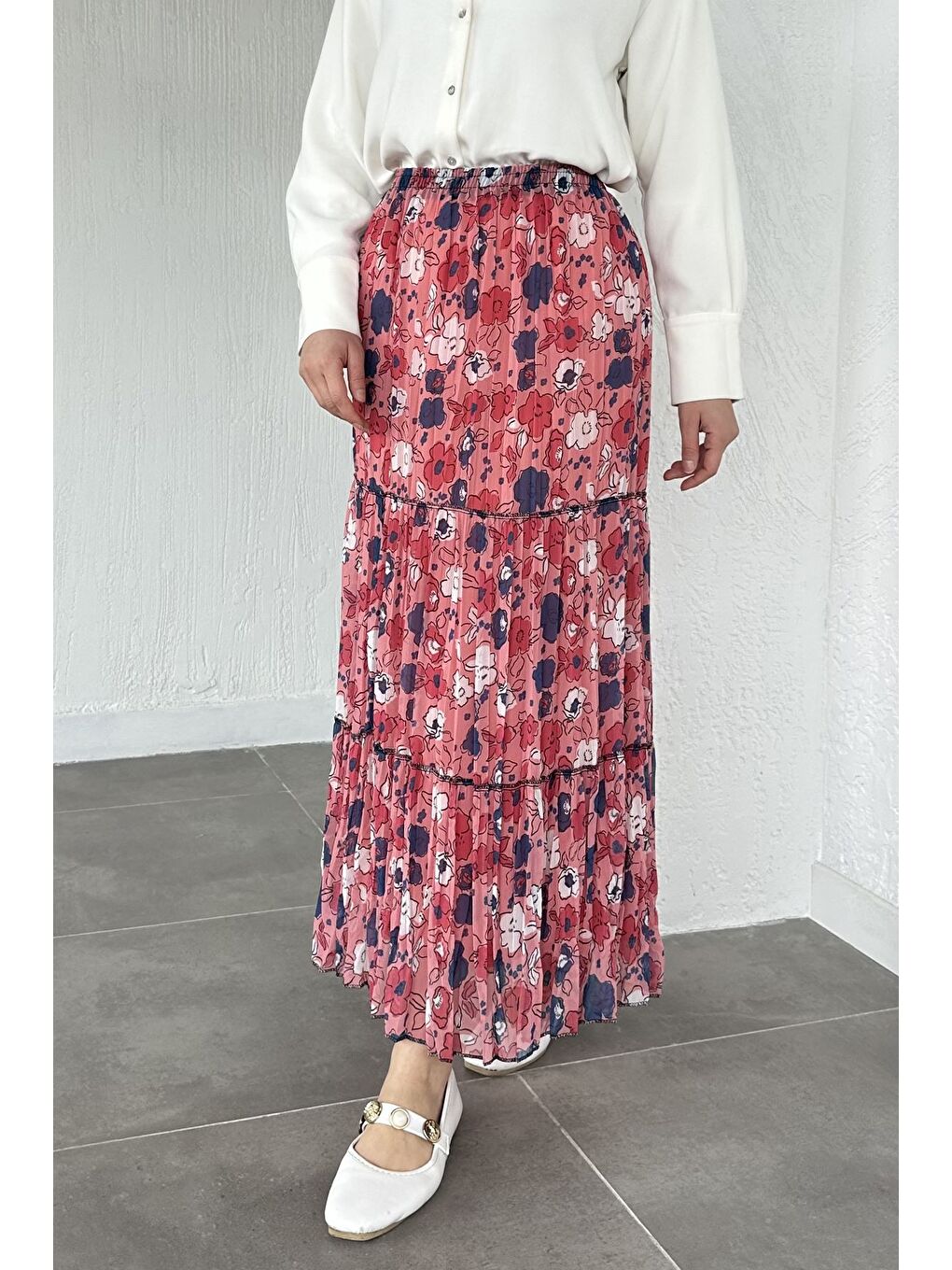 Pembe Bel Lastikli Desenli Şifon Tesettür Etek