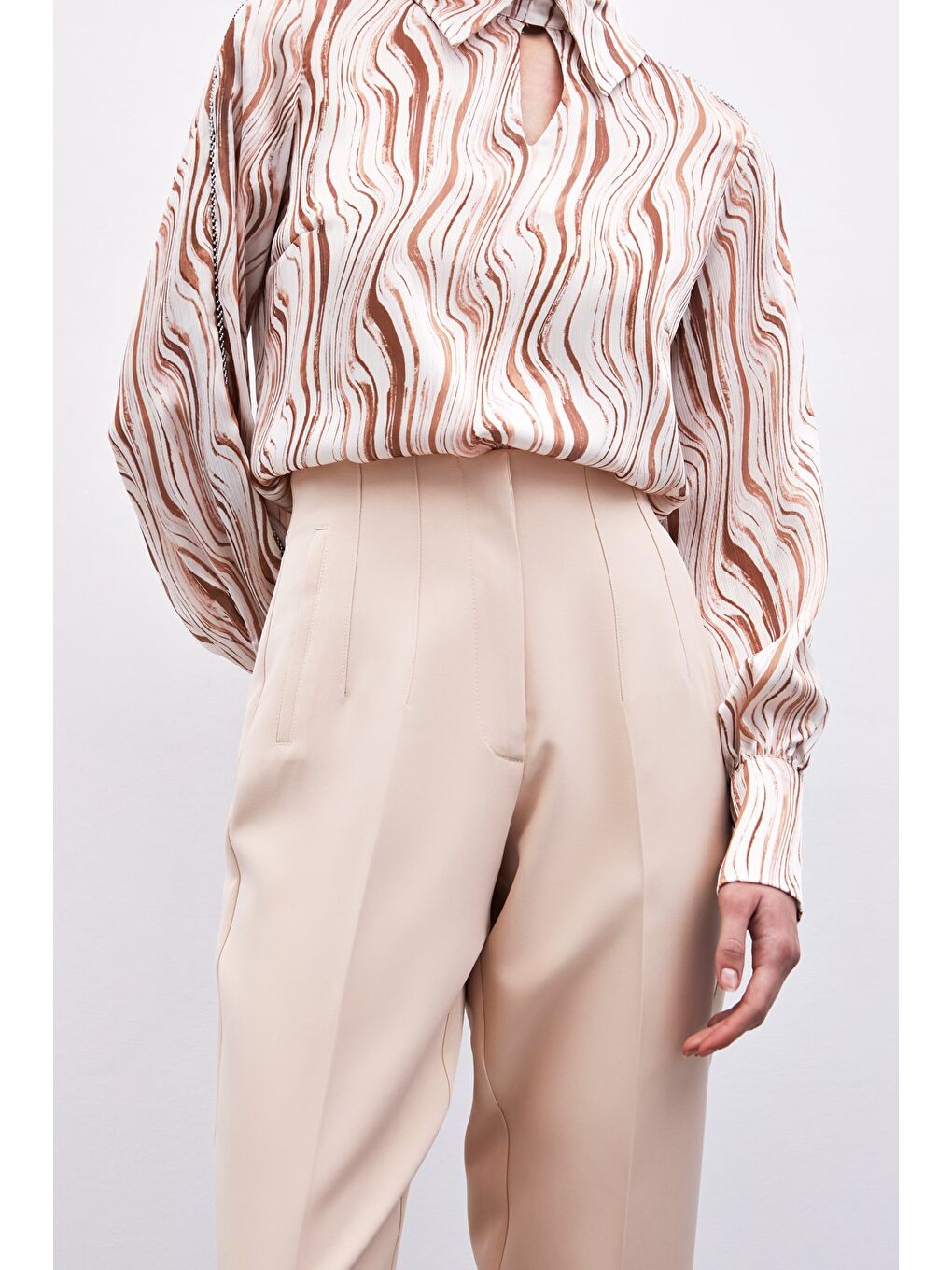 Yüksek Bel Pensli Pantolon - Bej-3