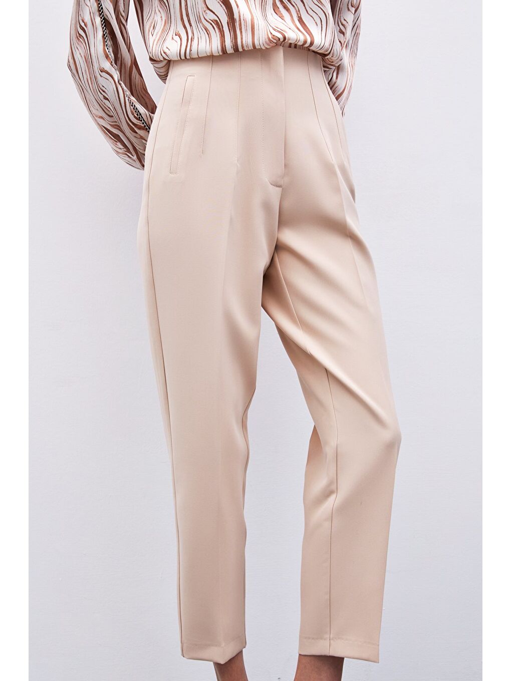 Yüksek Bel Pensli Pantolon - Bej-4