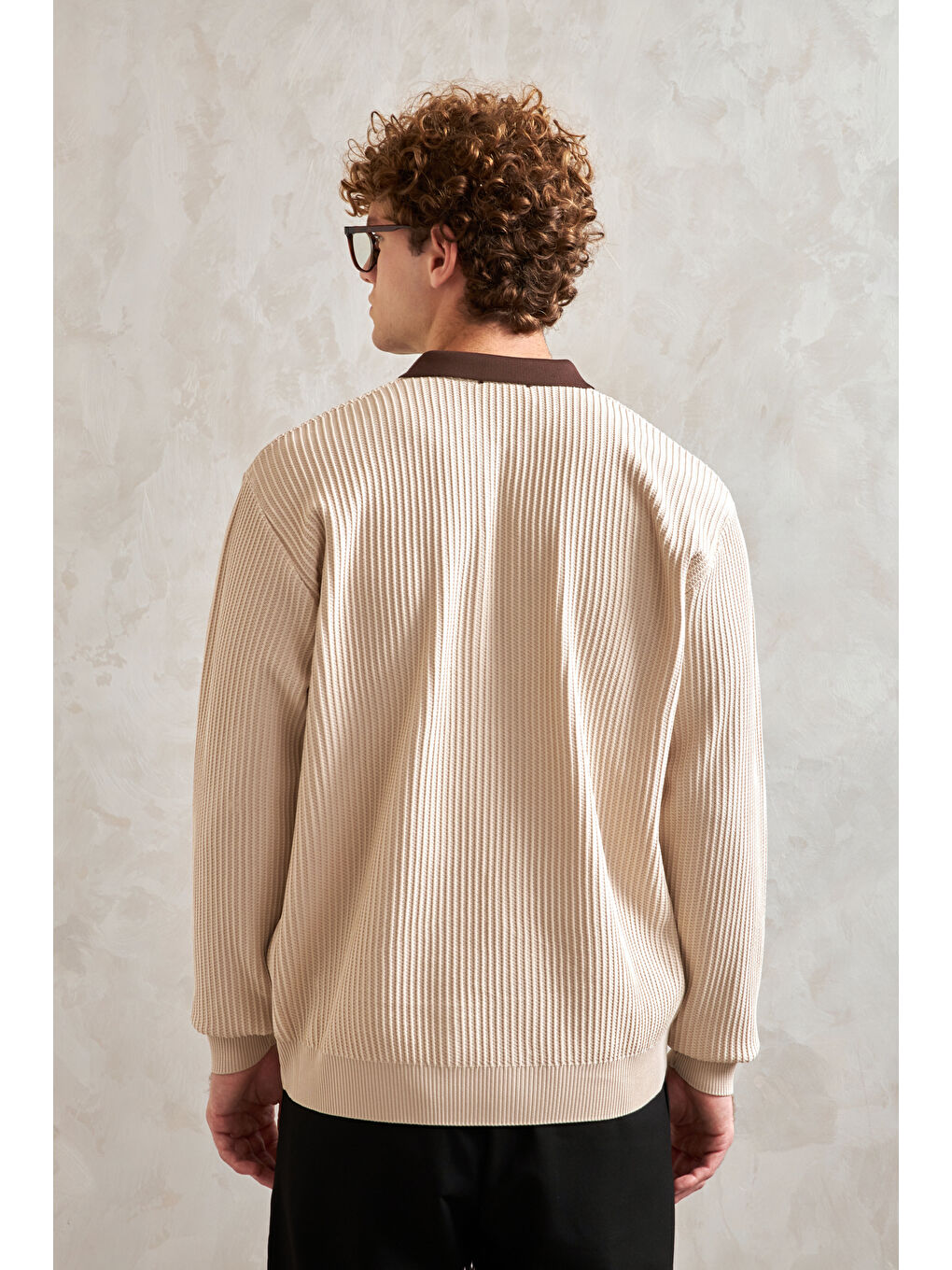 Ekru Erkek Polo Yaka Nopeli Oversize Triko Kazak-4