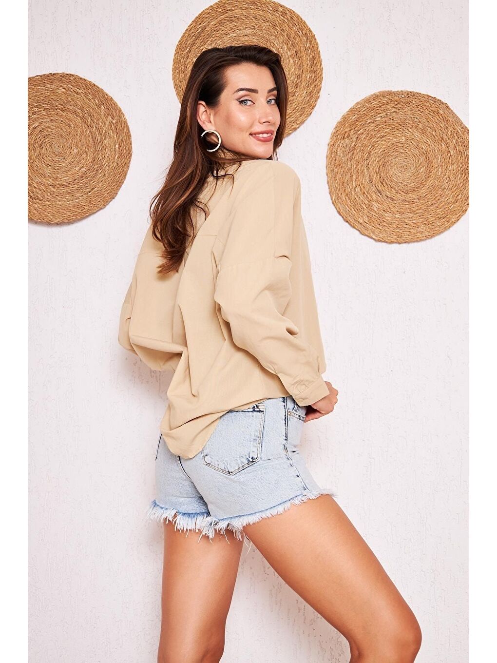 Ekru Kadın Oversize Uzun Basic Krem Gömlek-3