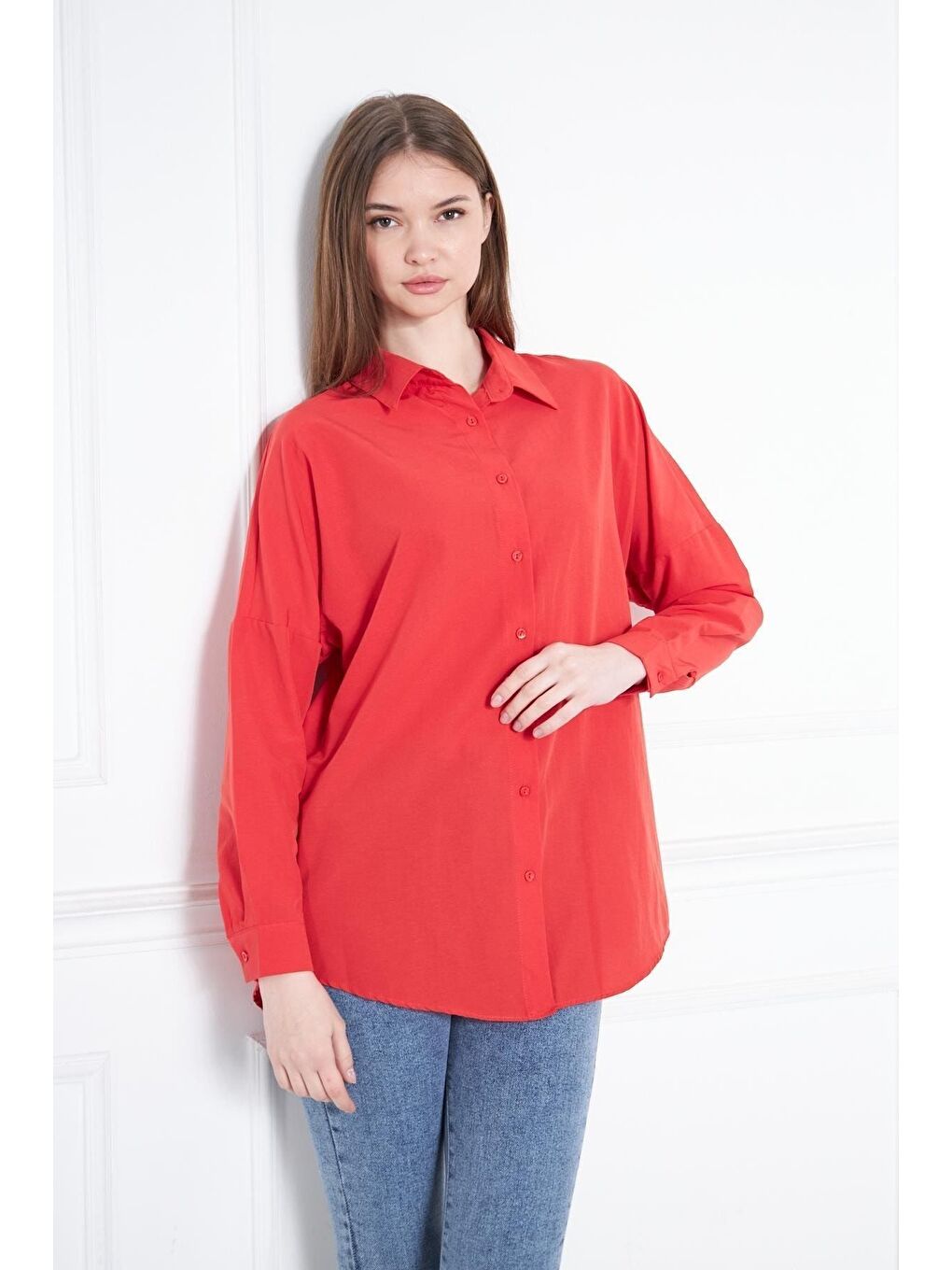 Kadın Oversize Uzun Basic Kırmızı Gömlek-5