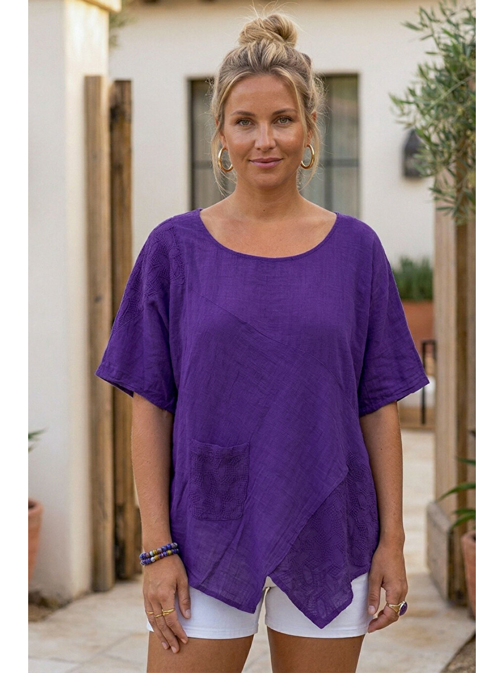 Mor Havuz Yaka Kısa Kol Cepli Brodeli Asimetrik Casual Keten Görünümlü Oversize Dokuma Bluz 75 67-3