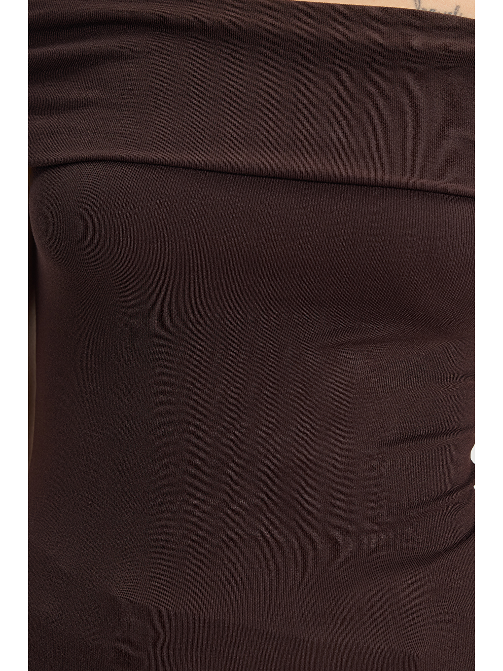 Kadın Slim Fit Dar Kesim Pamuklu Kayık Yaka Kısa Kollu Elastanlı Kahverengi Bluz-3