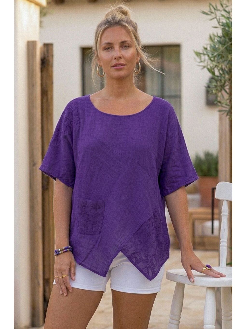 Mor Havuz Yaka Kısa Kol Cepli Brodeli Asimetrik Casual Keten Görünümlü Oversize Dokuma Bluz 75 67-4