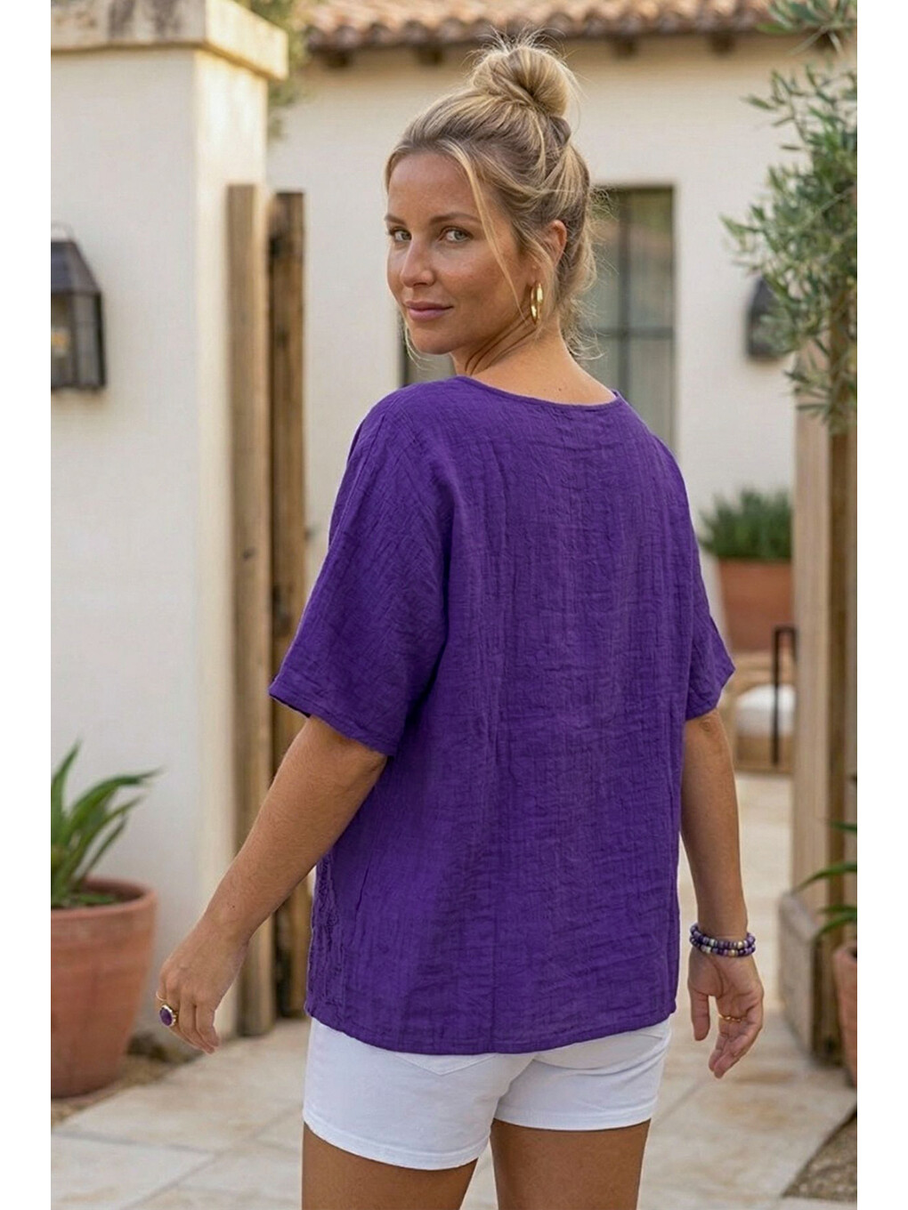 Mor Havuz Yaka Kısa Kol Cepli Brodeli Asimetrik Casual Keten Görünümlü Oversize Dokuma Bluz 75 67-5