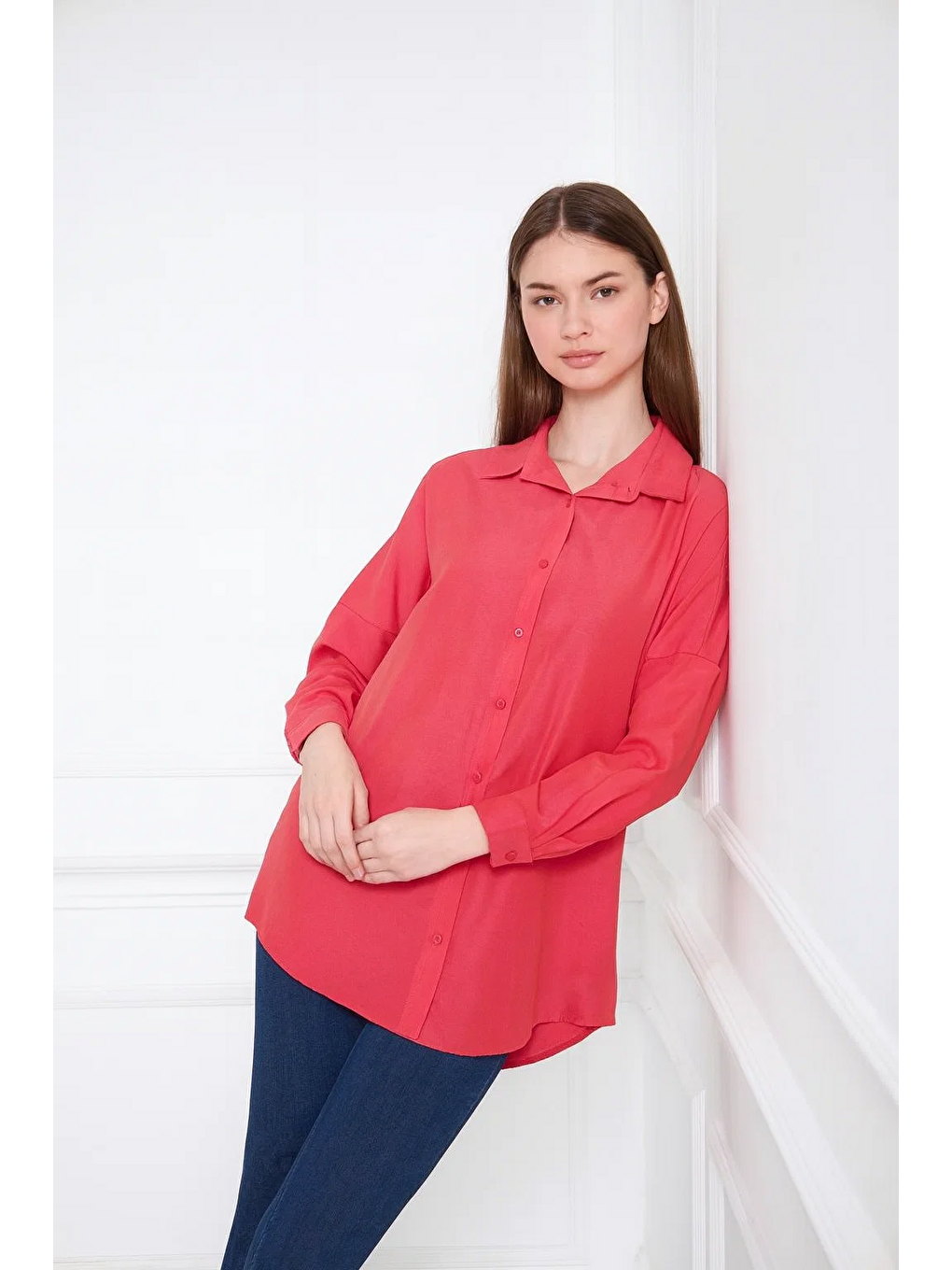 Kırmızı Kadın Oversize Uzun Basic Nar Gömlek