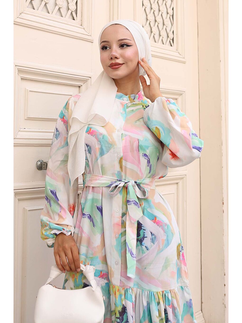 Kadın Desenli Uzun Tesettür Elbise 2586 - Turkuaz-1