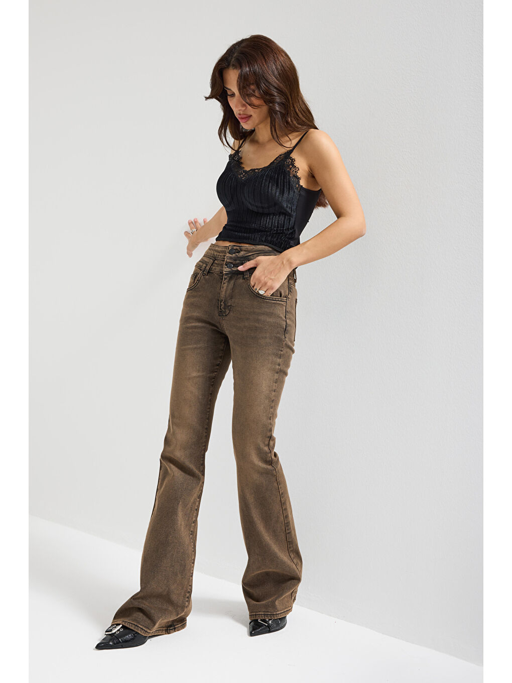 Yeşil Kadın ST Jean Rengi 2w5-62 Flare Fit Esnek Kumaş Denim Jean-1